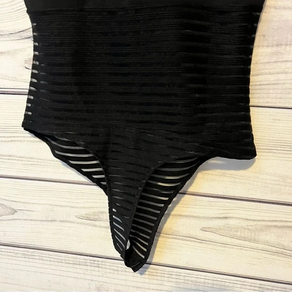 Lulus Read Between the Lines Black Mesh Striped Sleeveless Bodysuit